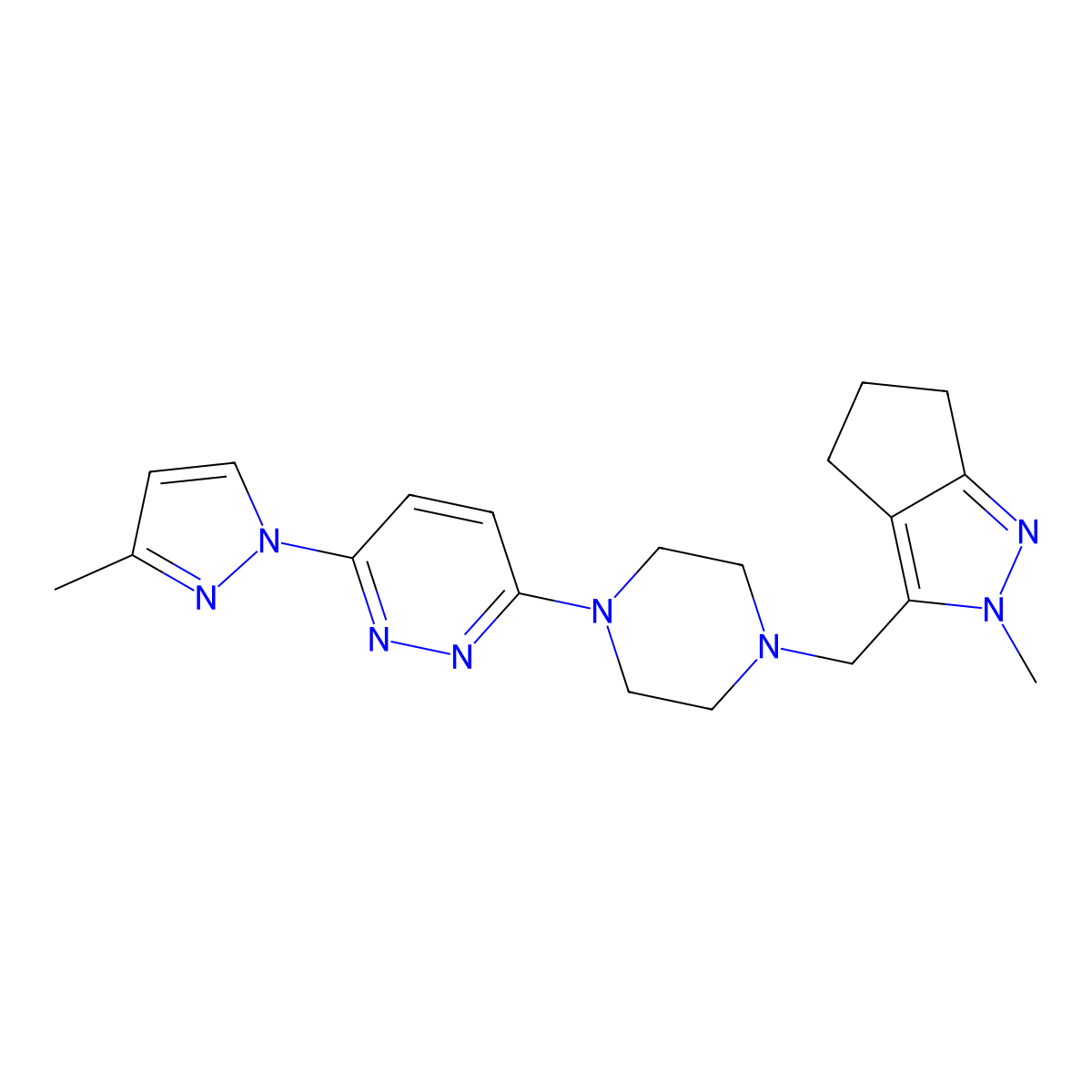 3-(3-methyl-1H-pyrazol-1-yl)-6-[4-({2-methyl-2H,4H,5H,6H-cyclopenta[c]pyrazol-3-yl}methyl)piperazin-1-yl]pyridazine molecular structure, CAS 2742054-86-8