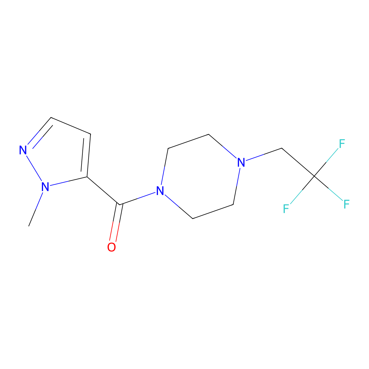 1-(1-methyl-1H-pyrazole-5-carbonyl)-4-(2,2,2-trifluoroethyl)piperazine molecular structure, CAS 2742054-90-4