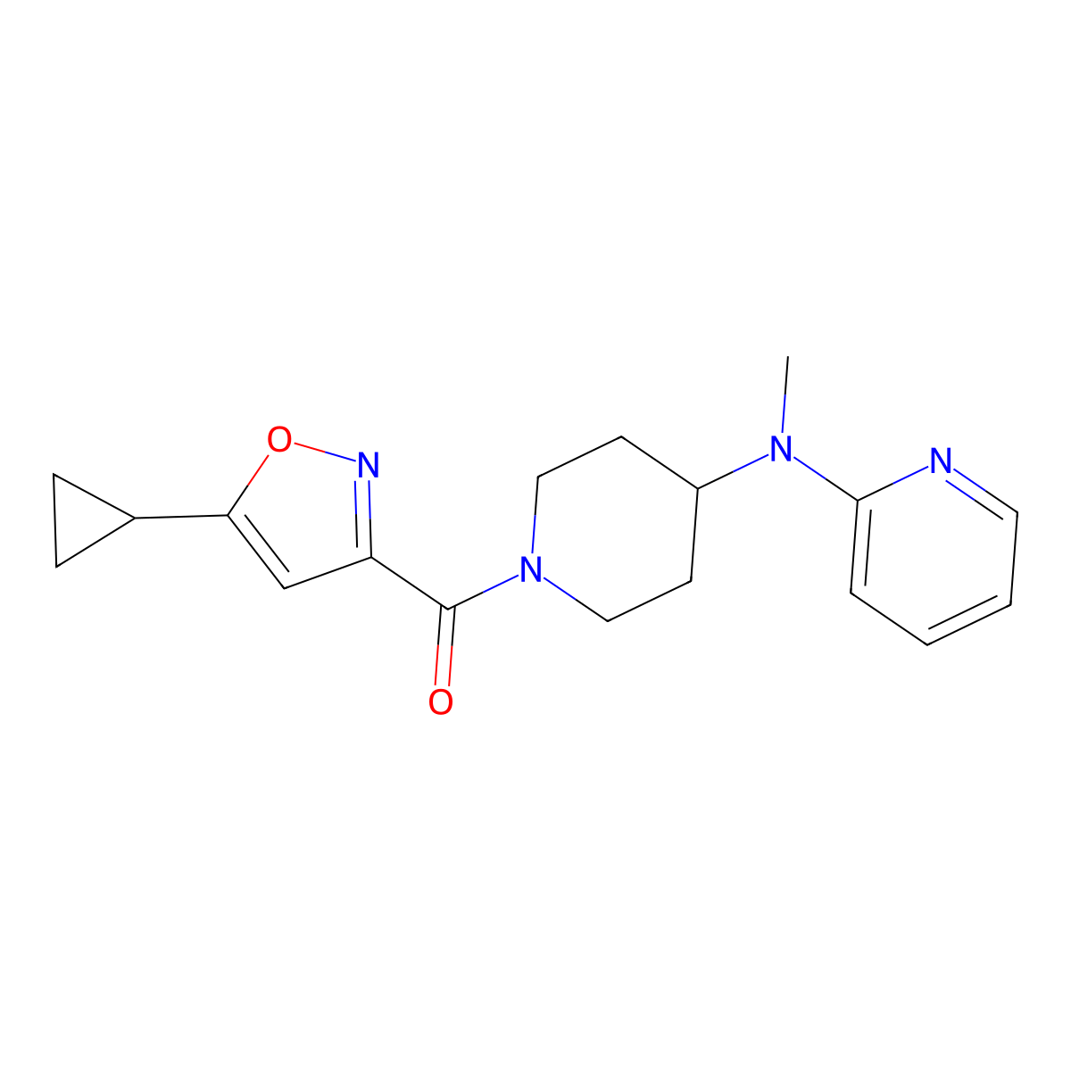 N-[1-(5-cyclopropyl-1,2-oxazole-3-carbonyl)piperidin-4-yl]-N-methylpyridin-2-amine molecular structure, CAS 2742054-95-9