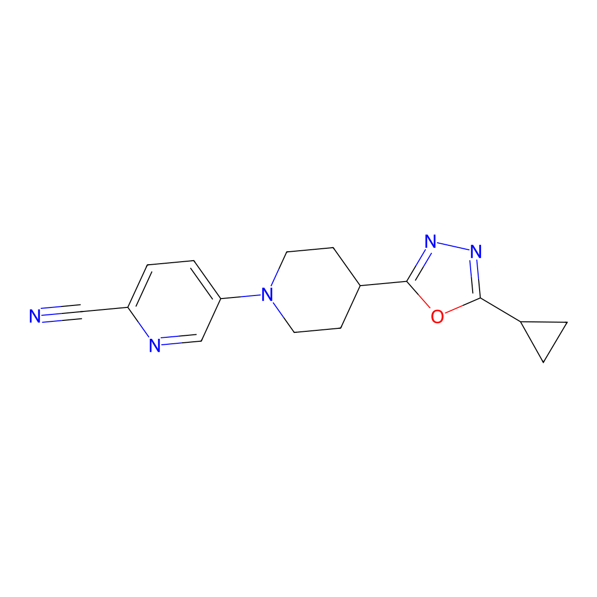 5-[4-(5-Cyclopropyl-1,3,4-oxadiazol-2-yl)piperidin-1-yl]pyridine-2-carbonitrile molecular structure, CAS 2742055-03-2