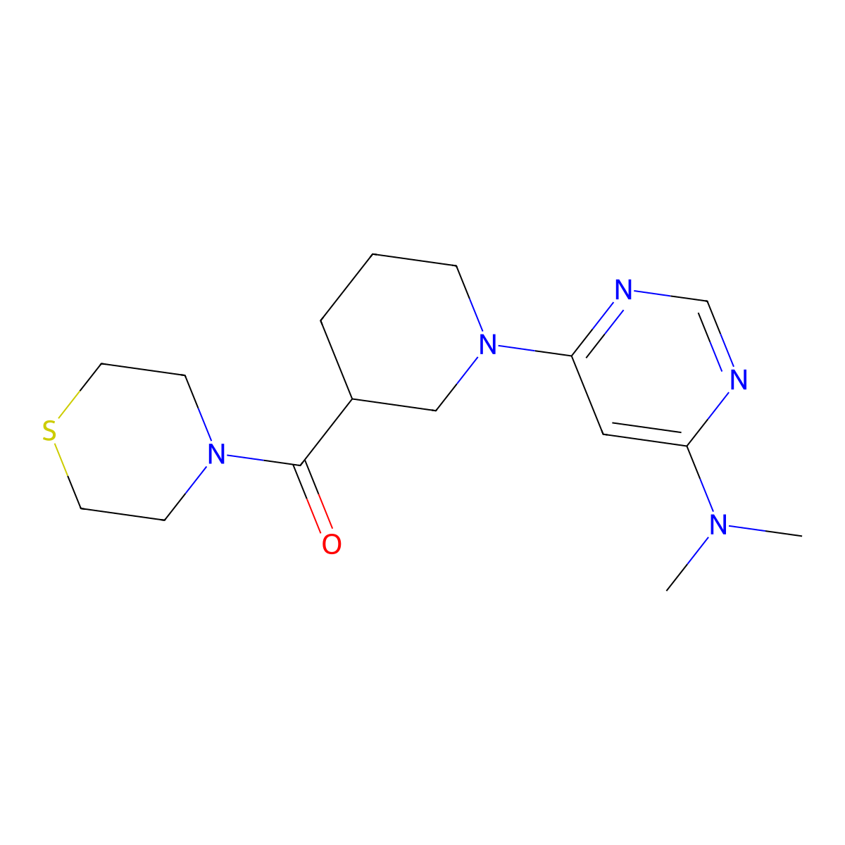 N,N-dimethyl-6-[3-(thiomorpholine-4-carbonyl)piperidin-1-yl]pyrimidin-4-amine molecular structure, CAS 2742055-10-1