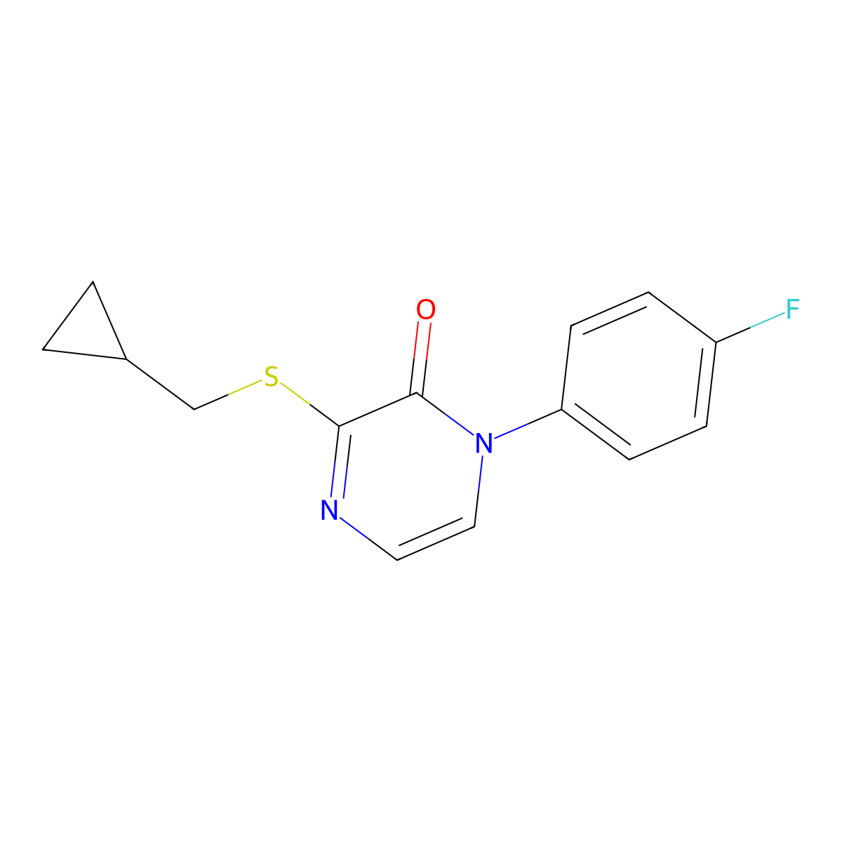 3-[(Cyclopropylmethyl)sulfanyl]-1-(4-fluorophenyl)-1,2-dihydropyrazin-2-one molecular structure, CAS 2742055-12-3