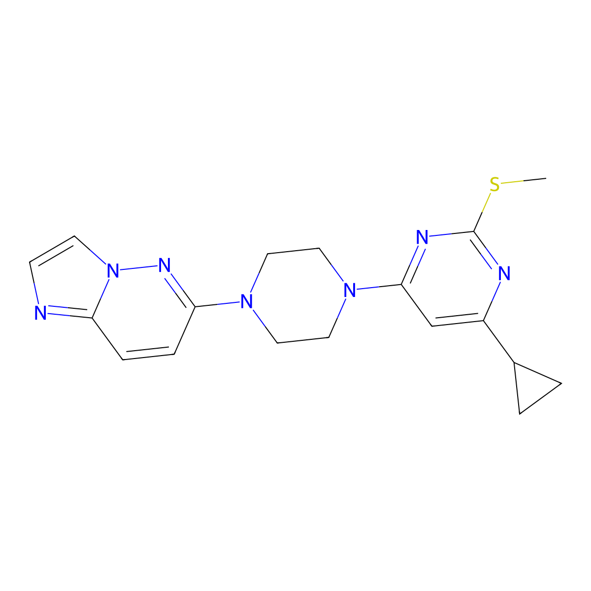 4-Cyclopropyl-6-(4-{imidazo[1,2-b]pyridazin-6-yl}piperazin-1-yl)-2-(methylsulfanyl)pyrimidine molecular structure, CAS 2742055-19-0
