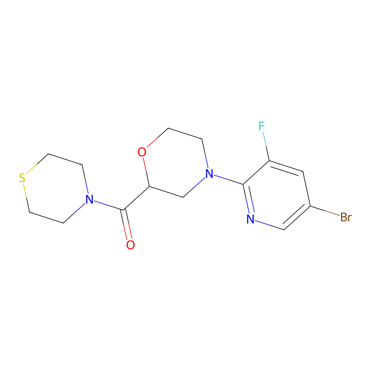 4-(5-Bromo-3-fluoropyridin-2-yl)-2-(thiomorpholine-4-carbonyl)morpholine molecular structure, CAS 2742055-20-3