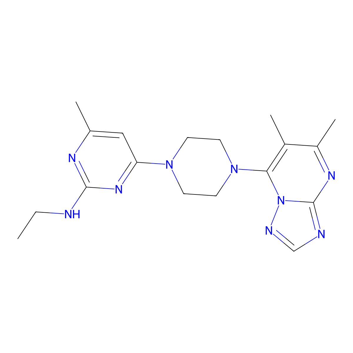 4-(4-{5,6-dimethyl-[1,2,4]triazolo[1,5-a]pyrimidin-7-yl}piperazin-1-yl)-N-ethyl-6-methylpyrimidin-2-amine molecular structure, CAS 2742055-25-8