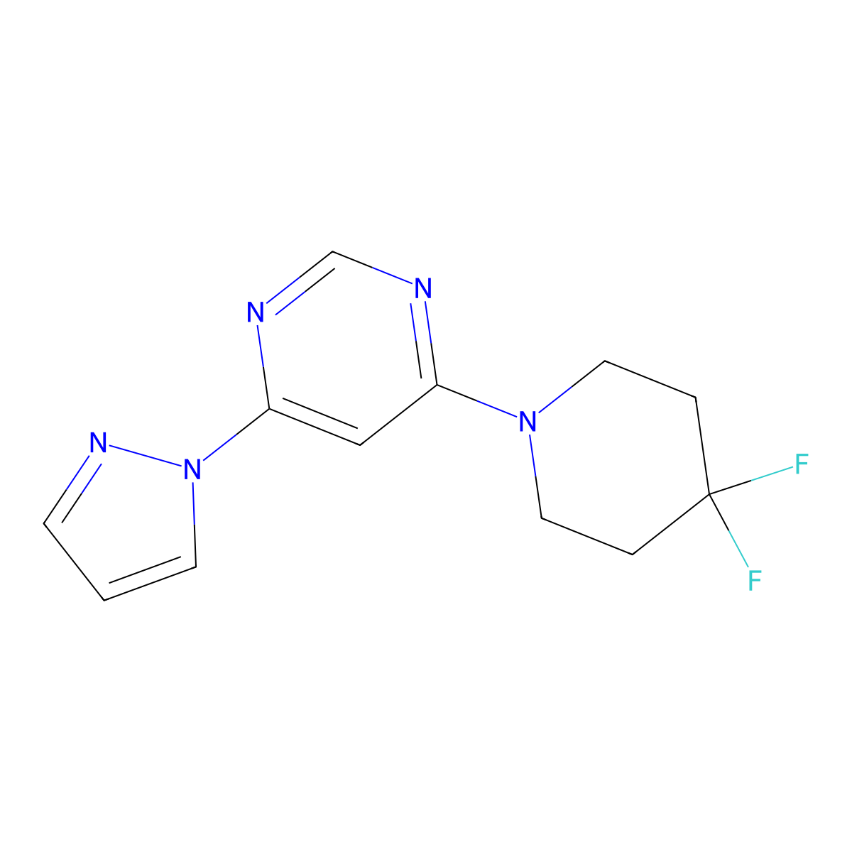 4-(4,4-difluoropiperidin-1-yl)-6-(1H-pyrazol-1-yl)pyrimidine molecular structure, CAS 2742055-27-0