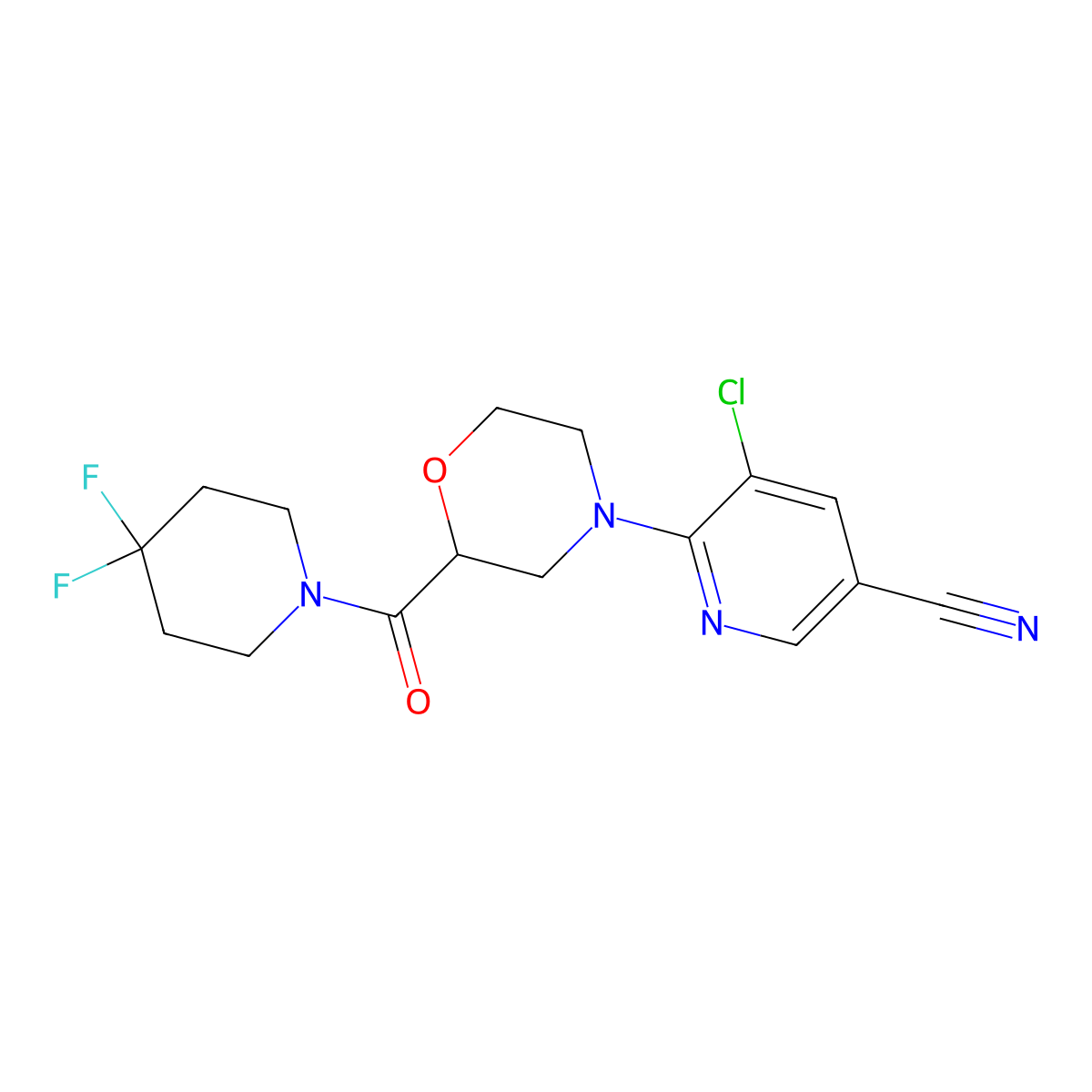 5-Chloro-6-[2-(4,4-difluoropiperidine-1-carbonyl)morpholin-4-yl]pyridine-3-carbonitrile molecular structure, CAS 2742055-29-2