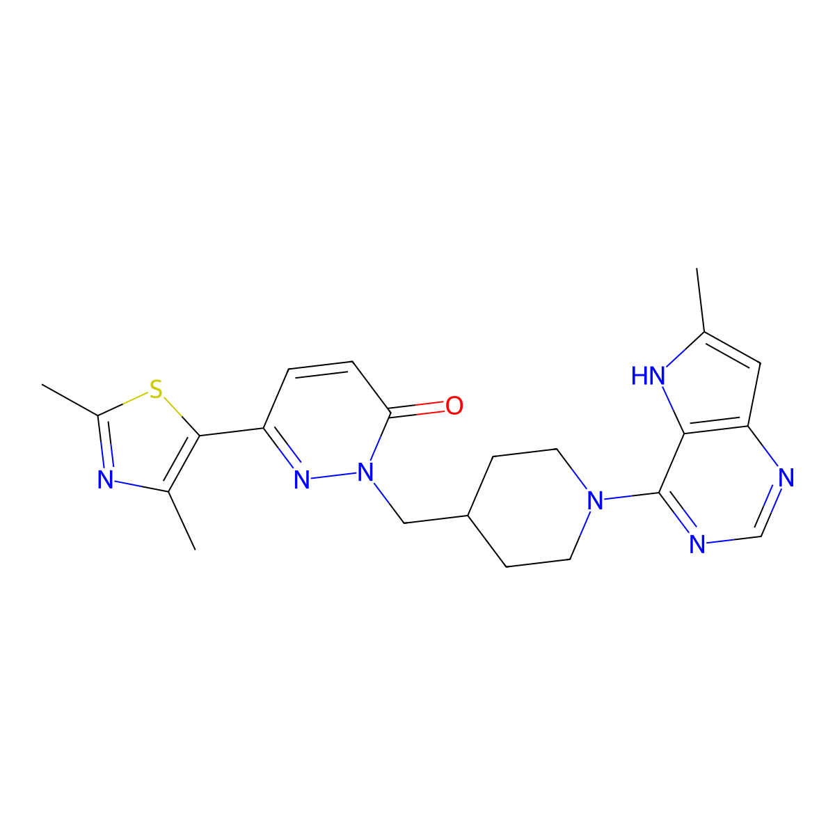 6-(2,4-dimethyl-1,3-thiazol-5-yl)-2-[(1-{6-methyl-5H-pyrrolo[3,2-d]pyrimidin-4-yl}piperidin-4-yl)methyl]-2,3-dihydropyridazin-3-one molecular structure, CAS 2742055-30-5