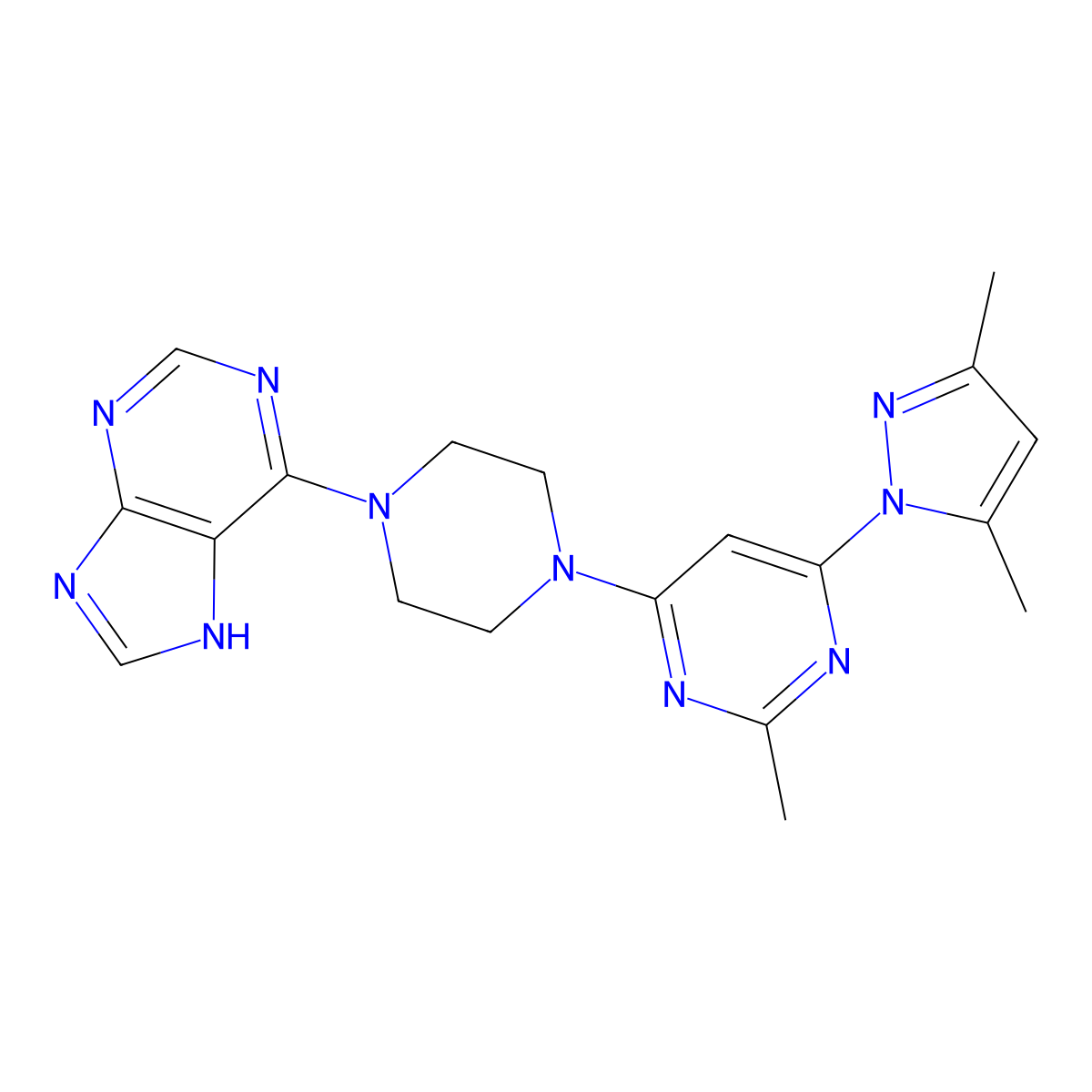 6-{4-[6-(3,5-dimethyl-1H-pyrazol-1-yl)-2-methylpyrimidin-4-yl]piperazin-1-yl}-9H-purine molecular structure, CAS 2742055-31-6