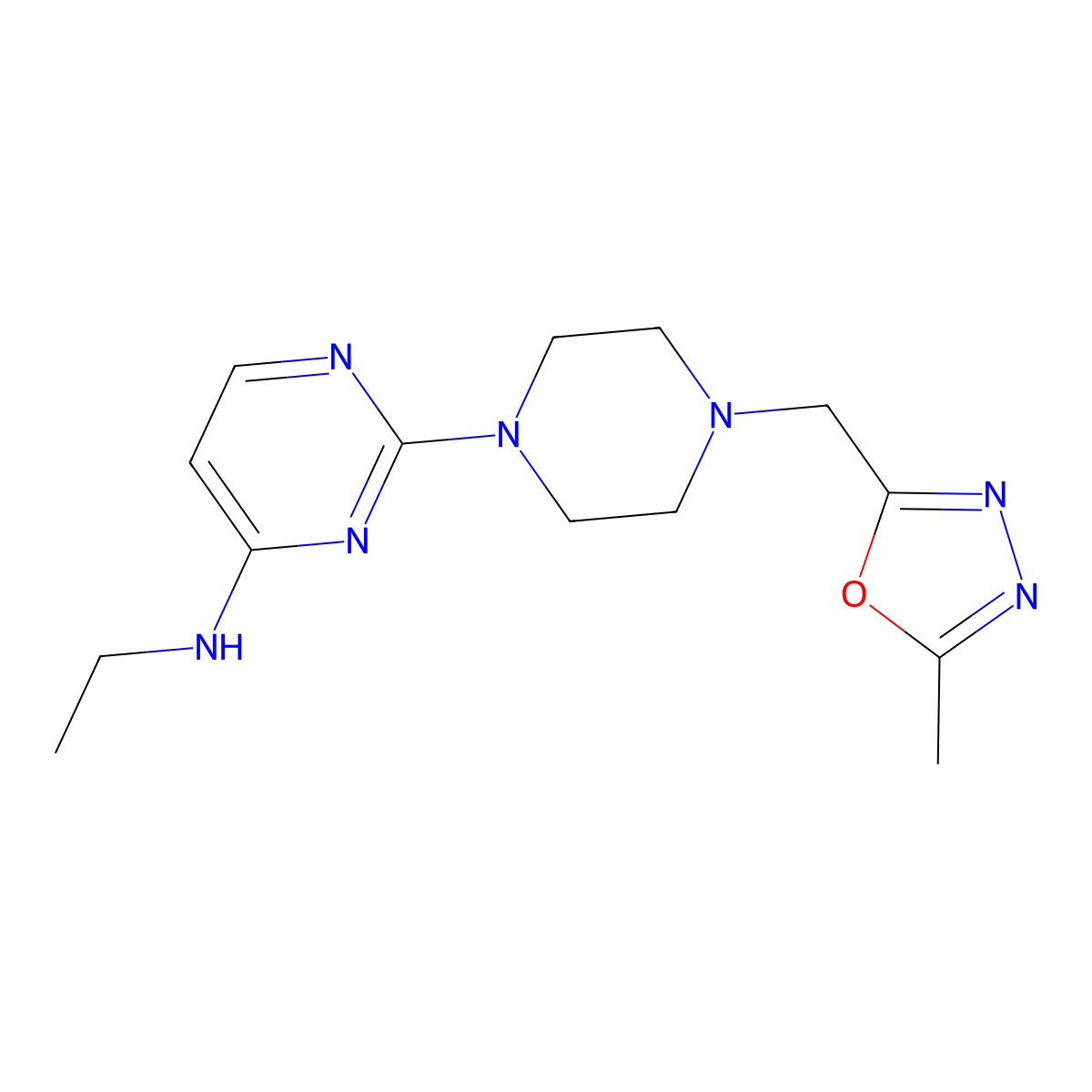 N-ethyl-2-{4-[(5-methyl-1,3,4-oxadiazol-2-yl)methyl]piperazin-1-yl}pyrimidin-4-amine molecular structure, CAS 2742055-33-8