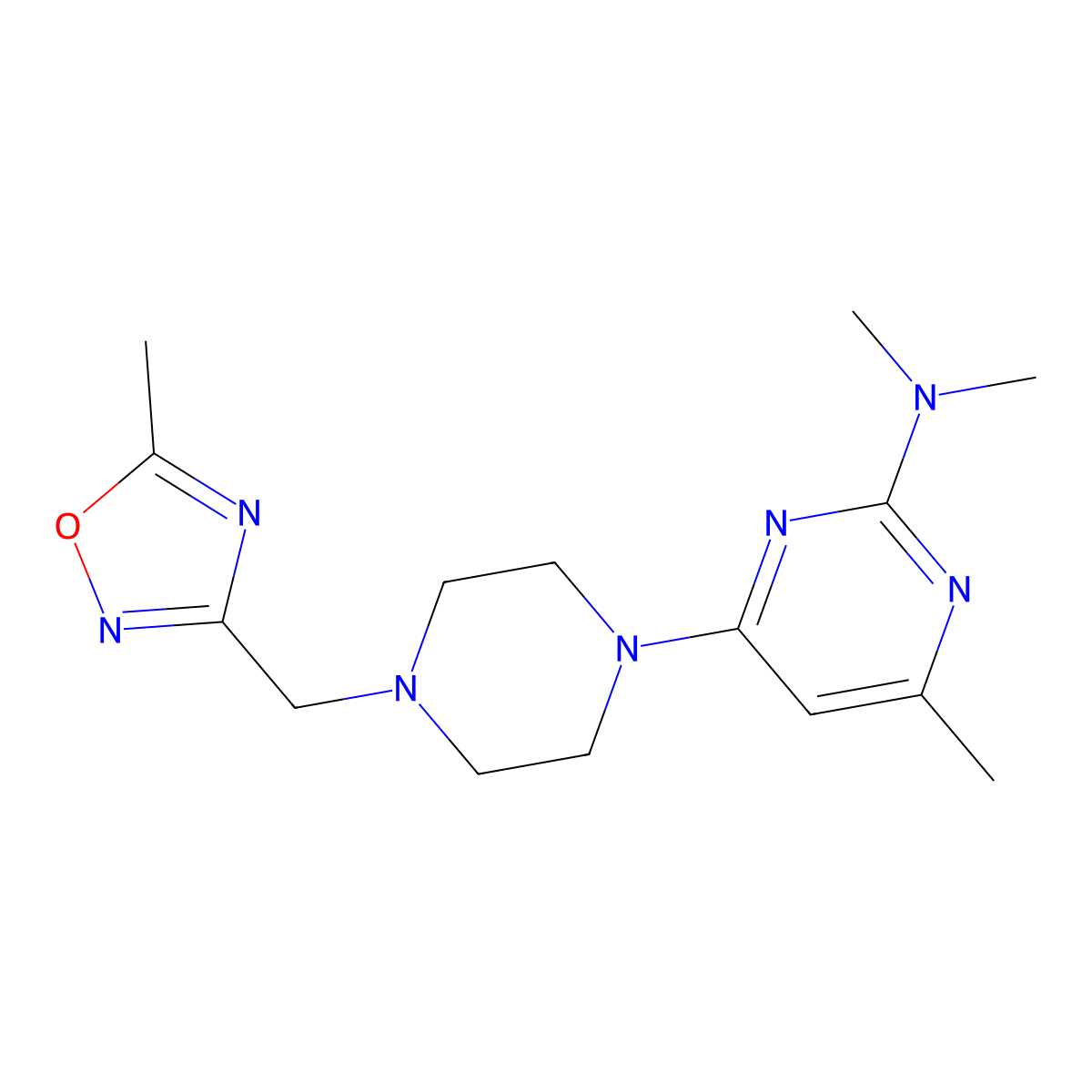 N,N,4-trimethyl-6-{4-[(5-methyl-1,2,4-oxadiazol-3-yl)methyl]piperazin-1-yl}pyrimidin-2-amine molecular structure, CAS 2742055-37-2