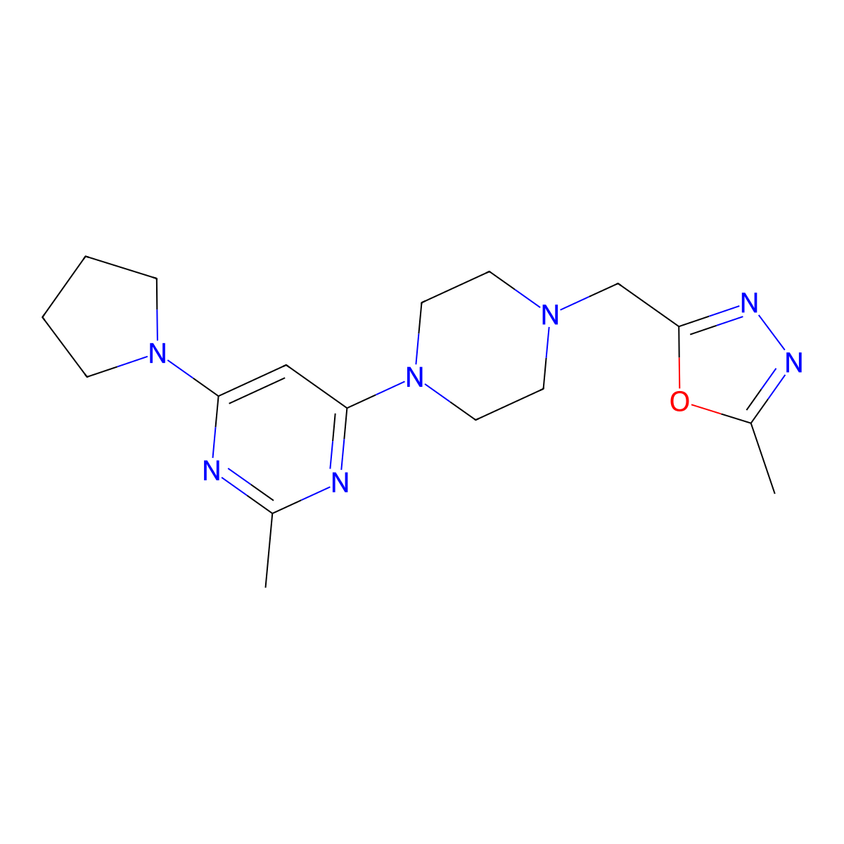2-Methyl-4-{4-[(5-methyl-1,3,4-oxadiazol-2-yl)methyl]piperazin-1-yl}-6-(pyrrolidin-1-yl)pyrimidine molecular structure, CAS 2742055-39-4