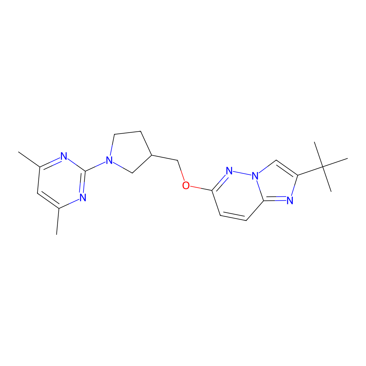 2-{3-[({2-Tert-butylimidazo[1,2-b]pyridazin-6-yl}oxy)methyl]pyrrolidin-1-yl}-4,6-dimethylpyrimidine molecular structure, CAS 2742055-44-1