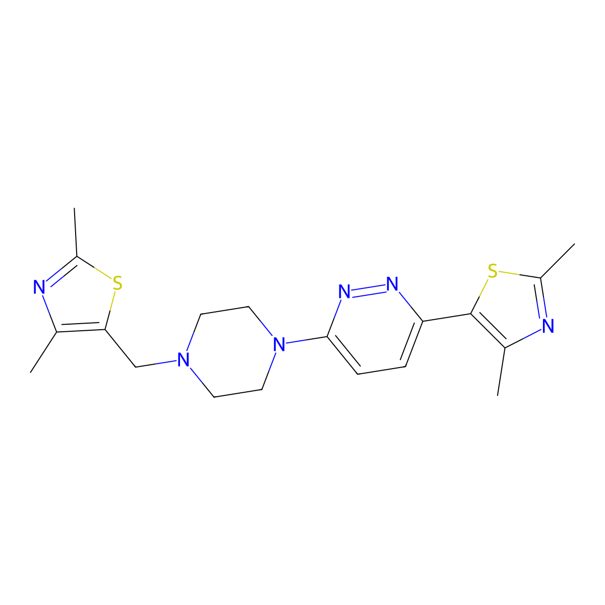 3-(2,4-Dimethyl-1,3-thiazol-5-yl)-6-{4-[(2,4-dimethyl-1,3-thiazol-5-yl)methyl]piperazin-1-yl}pyridazine molecular structure, CAS 2742055-48-5