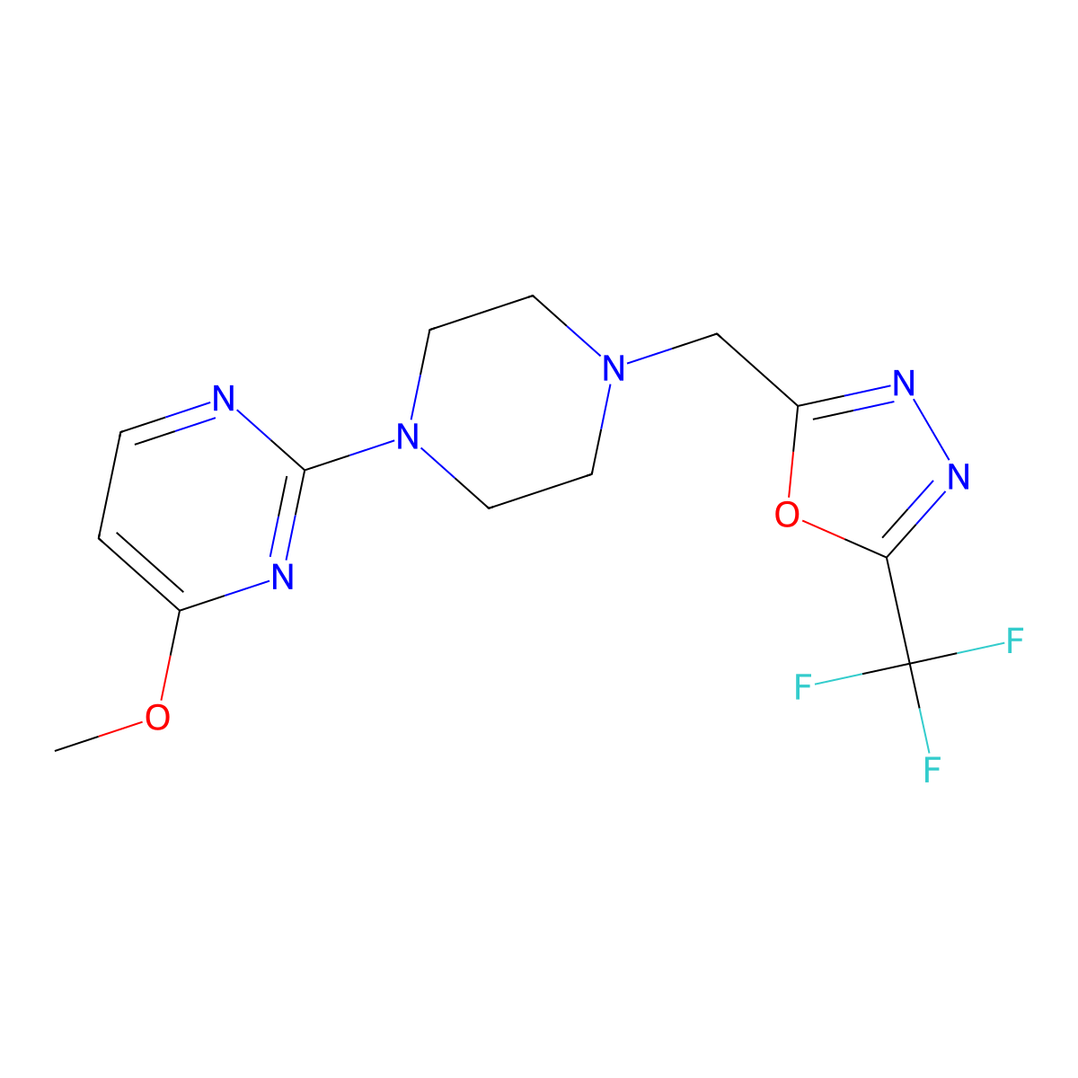 4-Methoxy-2-(4-{[5-(trifluoromethyl)-1,3,4-oxadiazol-2-yl]methyl}piperazin-1-yl)pyrimidine molecular structure, CAS 2742055-49-6
