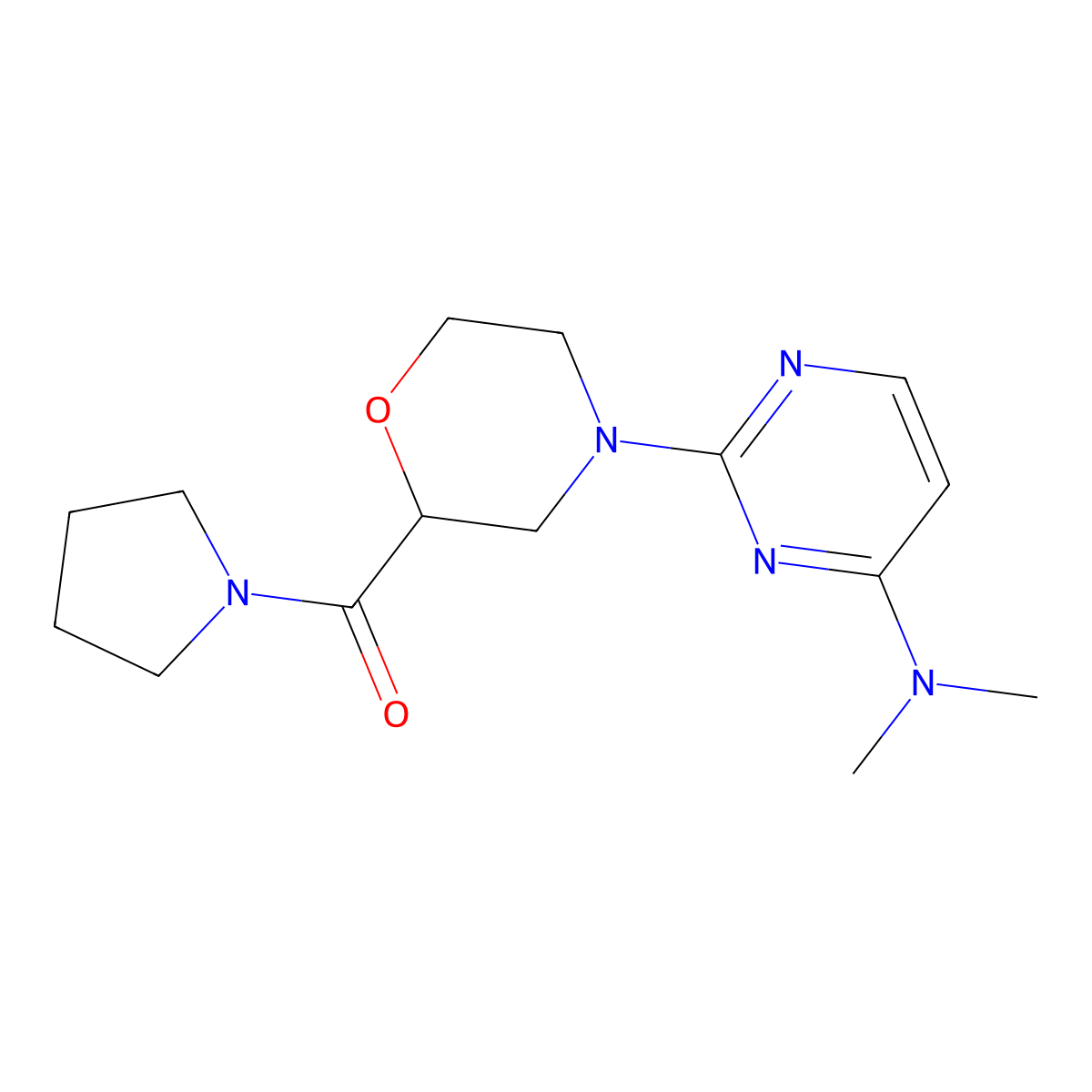 N,N-dimethyl-2-[2-(pyrrolidine-1-carbonyl)morpholin-4-yl]pyrimidin-4-amine molecular structure, CAS 2742055-51-0