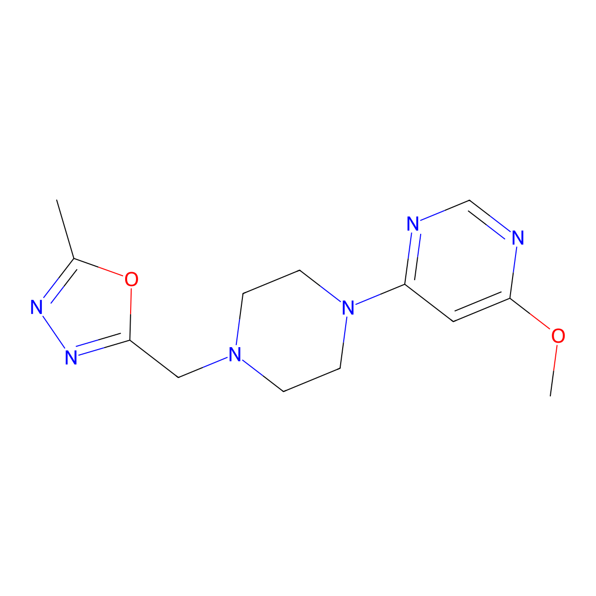 4-Methoxy-6-{4-[(5-methyl-1,3,4-oxadiazol-2-yl)methyl]piperazin-1-yl}pyrimidine molecular structure, CAS 2742055-54-3
