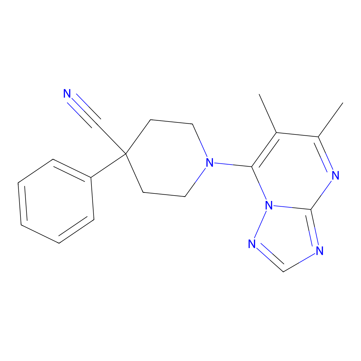1-{5,6-Dimethyl-[1,2,4]triazolo[1,5-a]pyrimidin-7-yl}-4-phenylpiperidine-4-carbonitrile molecular structure, CAS 2742055-59-8