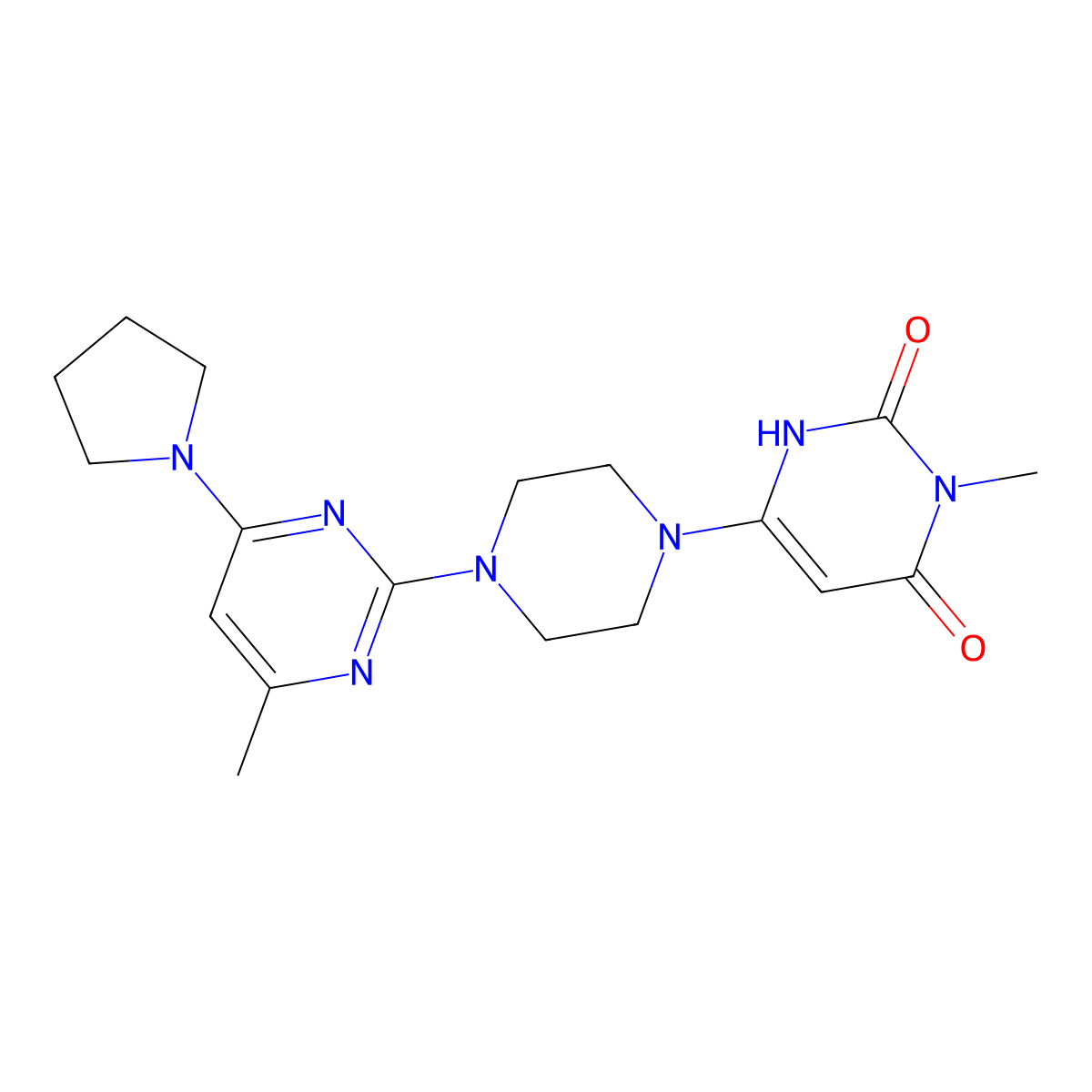 3-Methyl-6-{4-[4-methyl-6-(pyrrolidin-1-yl)pyrimidin-2-yl]piperazin-1-yl}-1,2,3,4-tetrahydropyrimidine-2,4-dione molecular structure, CAS 2742055-68-9