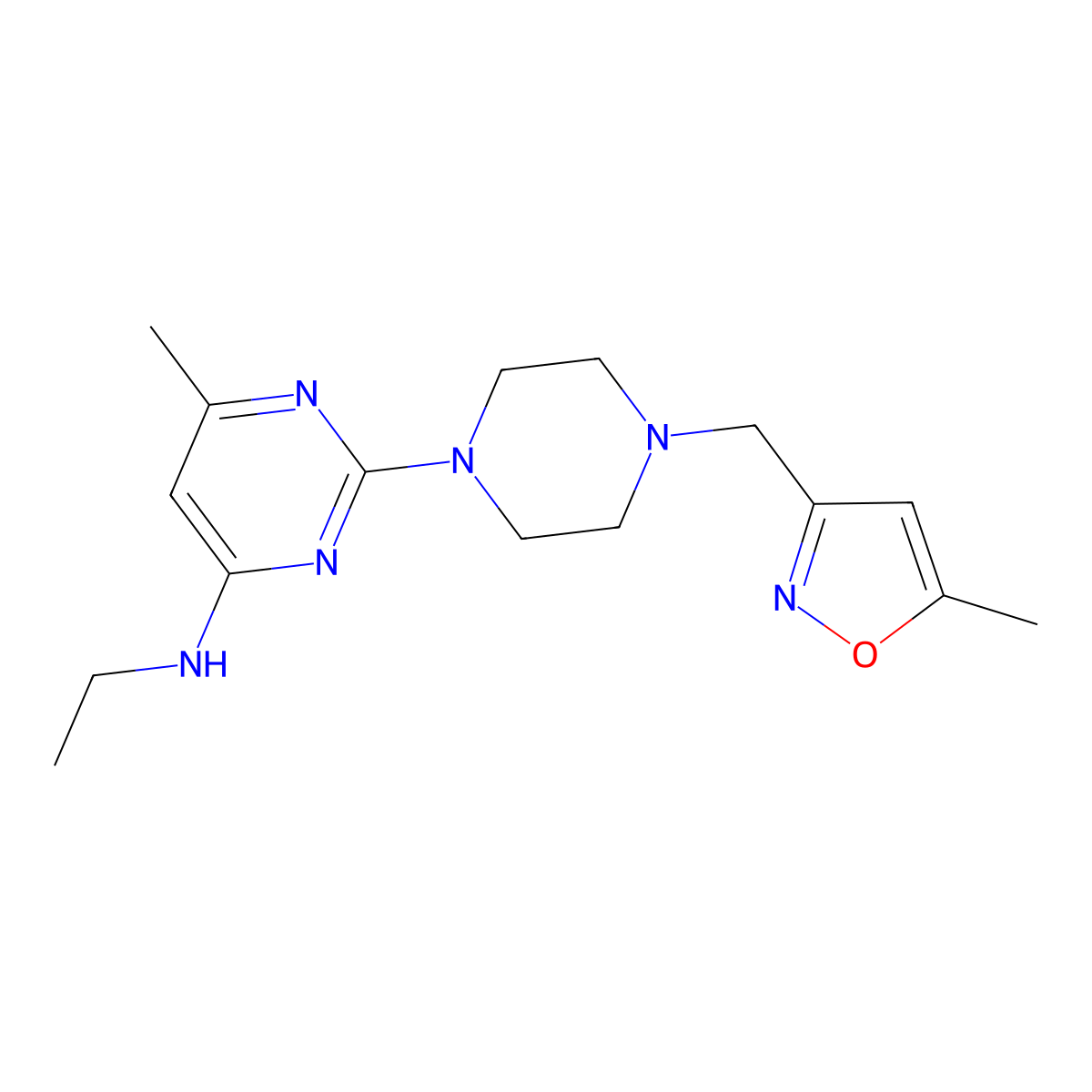 N-ethyl-6-methyl-2-{4-[(5-methyl-1,2-oxazol-3-yl)methyl]piperazin-1-yl}pyrimidin-4-amine molecular structure, CAS 2742055-71-4