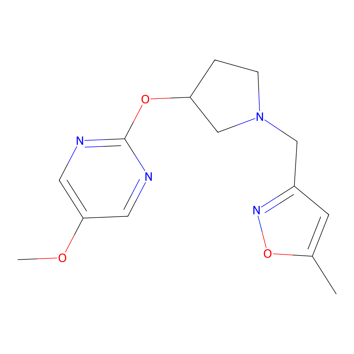 5-Methoxy-2-({1-[(5-methyl-1,2-oxazol-3-yl)methyl]pyrrolidin-3-yl}oxy)pyrimidine molecular structure, CAS 2742055-83-8