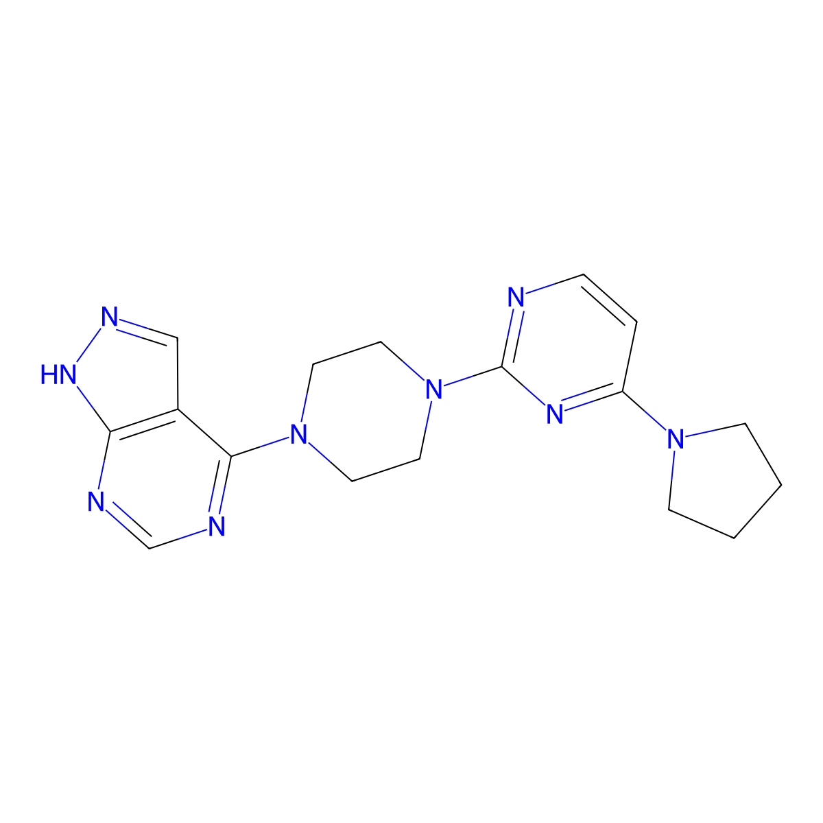2-(4-{1H-pyrazolo[3,4-d]pyrimidin-4-yl}piperazin-1-yl)-4-(pyrrolidin-1-yl)pyrimidine molecular structure, CAS 2742055-87-2