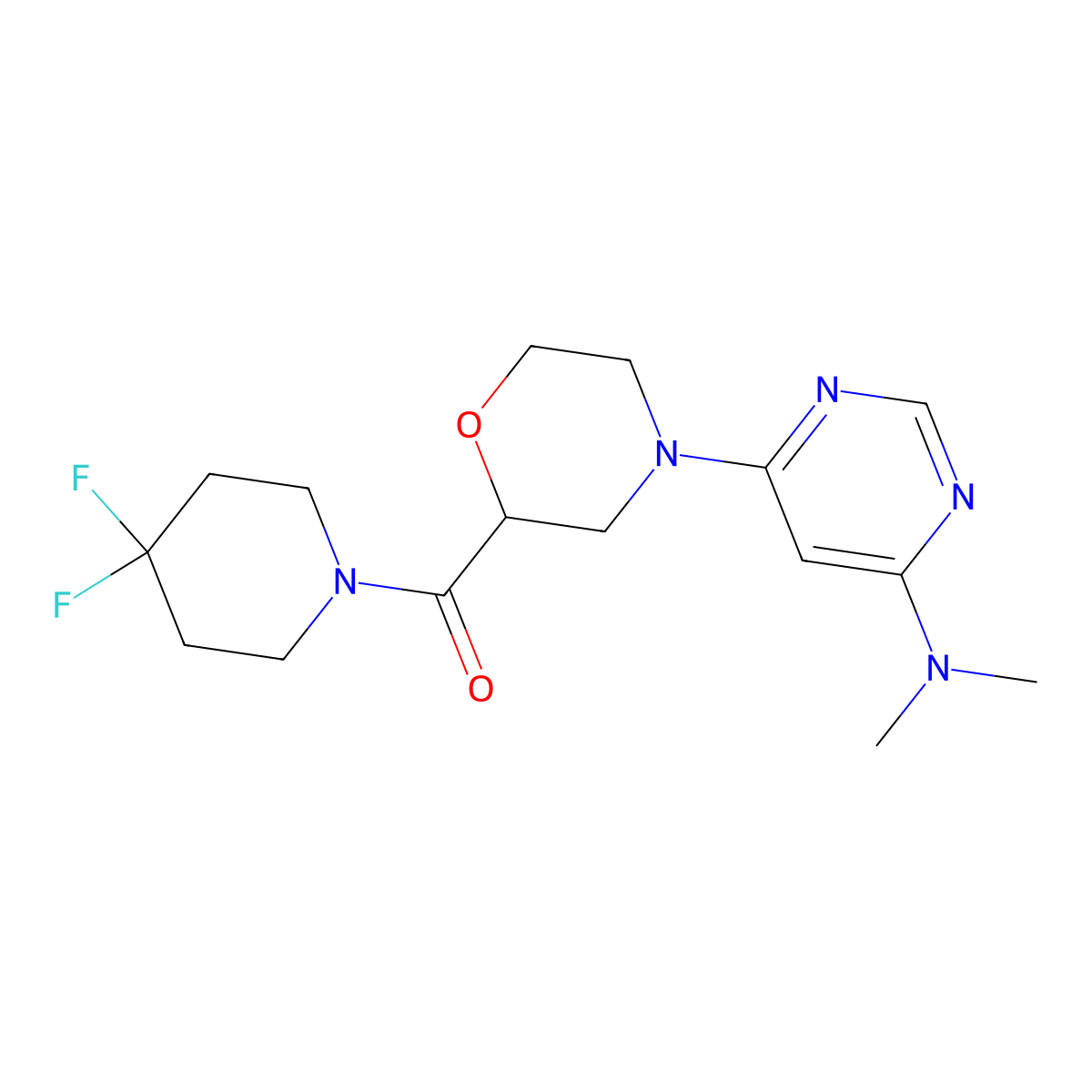 6-[2-(4,4-difluoropiperidine-1-carbonyl)morpholin-4-yl]-N,N-dimethylpyrimidin-4-amine molecular structure, CAS 2742055-89-4