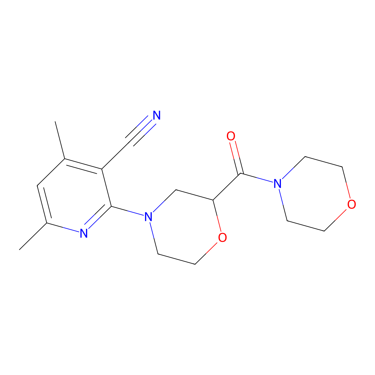 4,6-Dimethyl-2-[2-(morpholine-4-carbonyl)morpholin-4-yl]pyridine-3-carbonitrile molecular structure, CAS 2742055-91-8