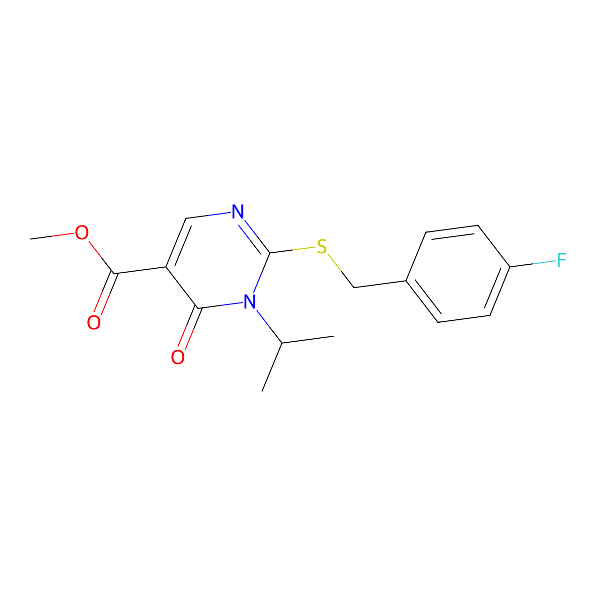 Methyl 2-{[(4-fluorophenyl)methyl]sulfanyl}-6-oxo-1-(propan-2-yl)-1,6-dihydropyrimidine-5-carboxylate molecular structure, CAS 2742055-97-4