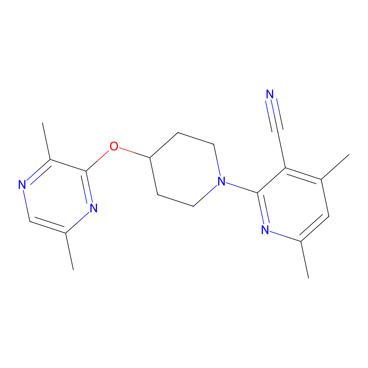 2-{4-[(3,6-Dimethylpyrazin-2-yl)oxy]piperidin-1-yl}-4,6-dimethylpyridine-3-carbonitrile molecular structure, CAS 2742056-11-5