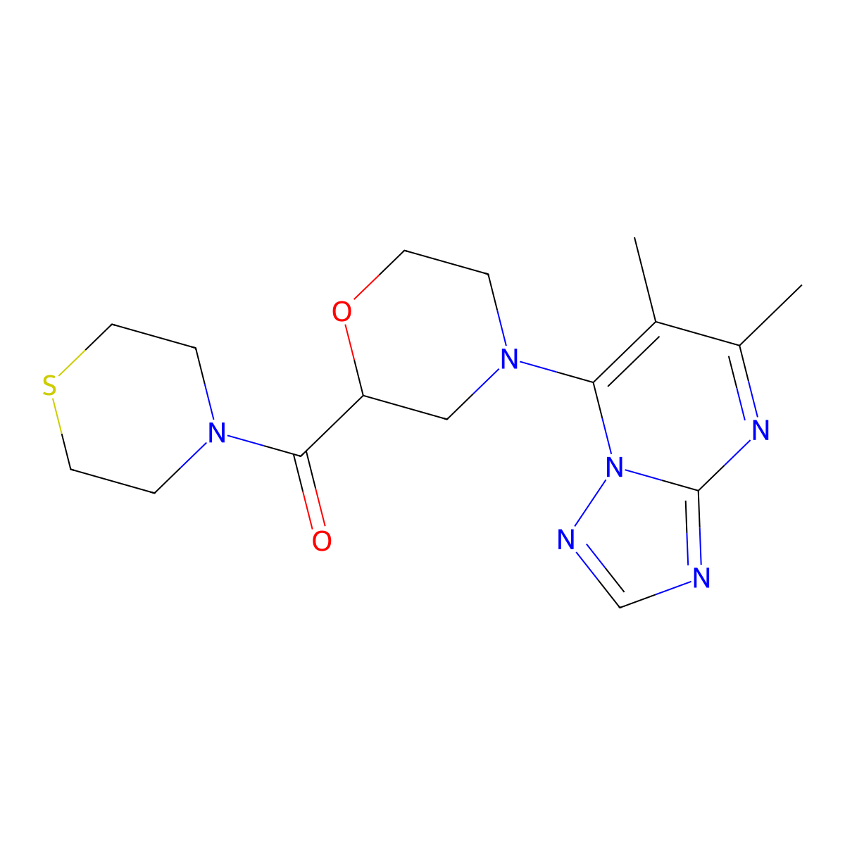 4-{5,6-Dimethyl-[1,2,4]triazolo[1,5-a]pyrimidin-7-yl}-2-(thiomorpholine-4-carbonyl)morpholine molecular structure, CAS 2742056-16-0