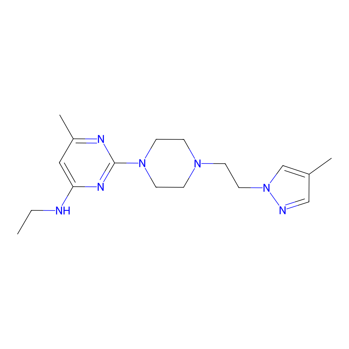 N-ethyl-6-methyl-2-{4-[2-(4-methyl-1H-pyrazol-1-yl)ethyl]piperazin-1-yl}pyrimidin-4-amine molecular structure, CAS 2742056-27-3