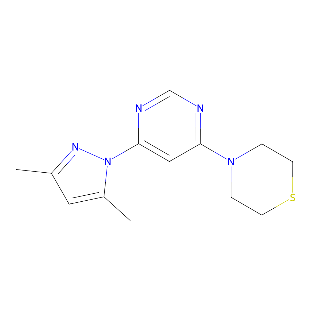 4-[6-(3,5-dimethyl-1H-pyrazol-1-yl)pyrimidin-4-yl]thiomorpholine molecular structure, CAS 2742056-32-0