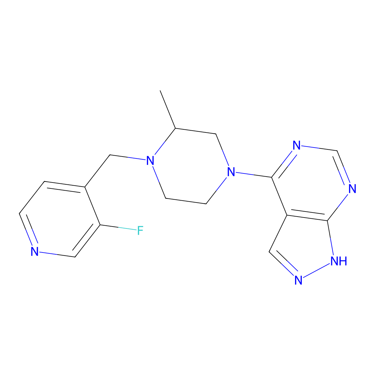 1-[(3-fluoropyridin-4-yl)methyl]-2-methyl-4-{1H-pyrazolo[3,4-d]pyrimidin-4-yl}piperazine molecular structure, CAS 2742056-50-2