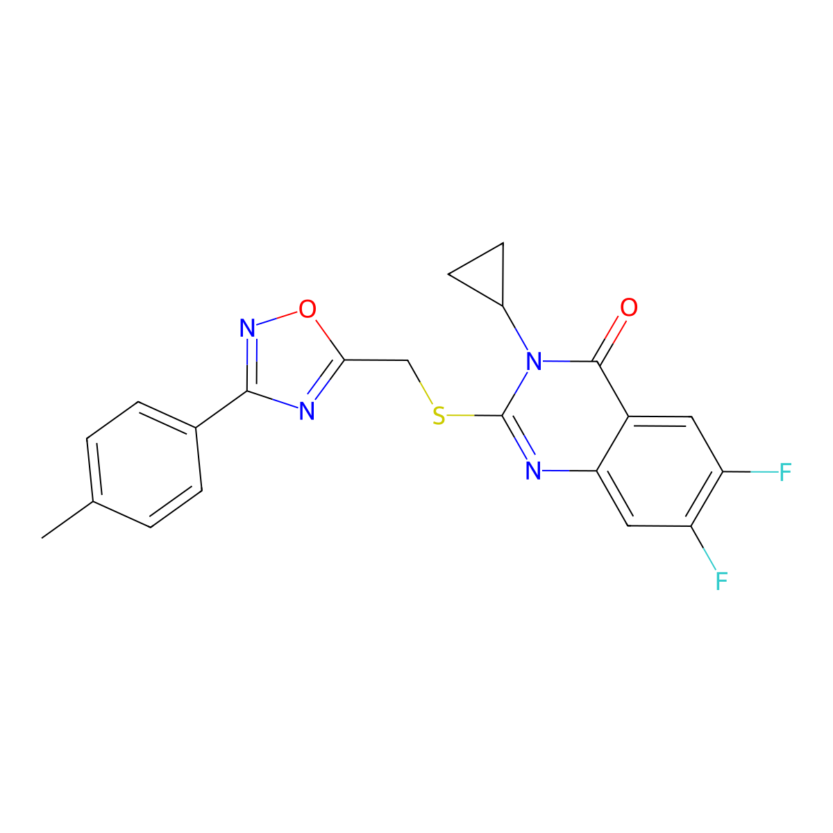 3-Cyclopropyl-6,7-difluoro-2-({[3-(4-methylphenyl)-1,2,4-oxadiazol-5-yl]methyl}sulfanyl)-3,4-dihydroquinazolin-4-one molecular structure, CAS 2742056-61-5