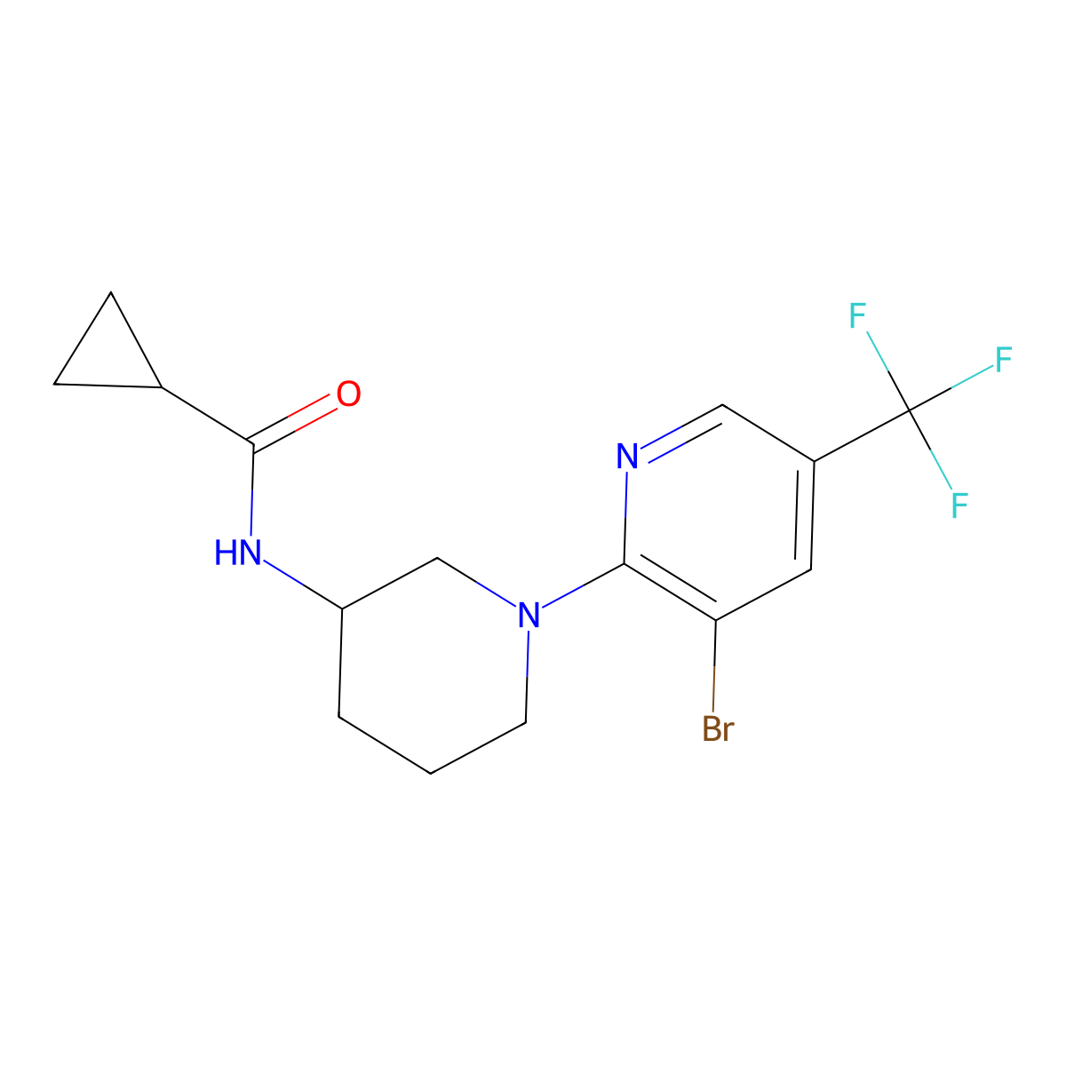N-{1-[3-bromo-5-(trifluoromethyl)pyridin-2-yl]piperidin-3-yl}cyclopropanecarboxamide molecular structure, CAS 2742056-63-7