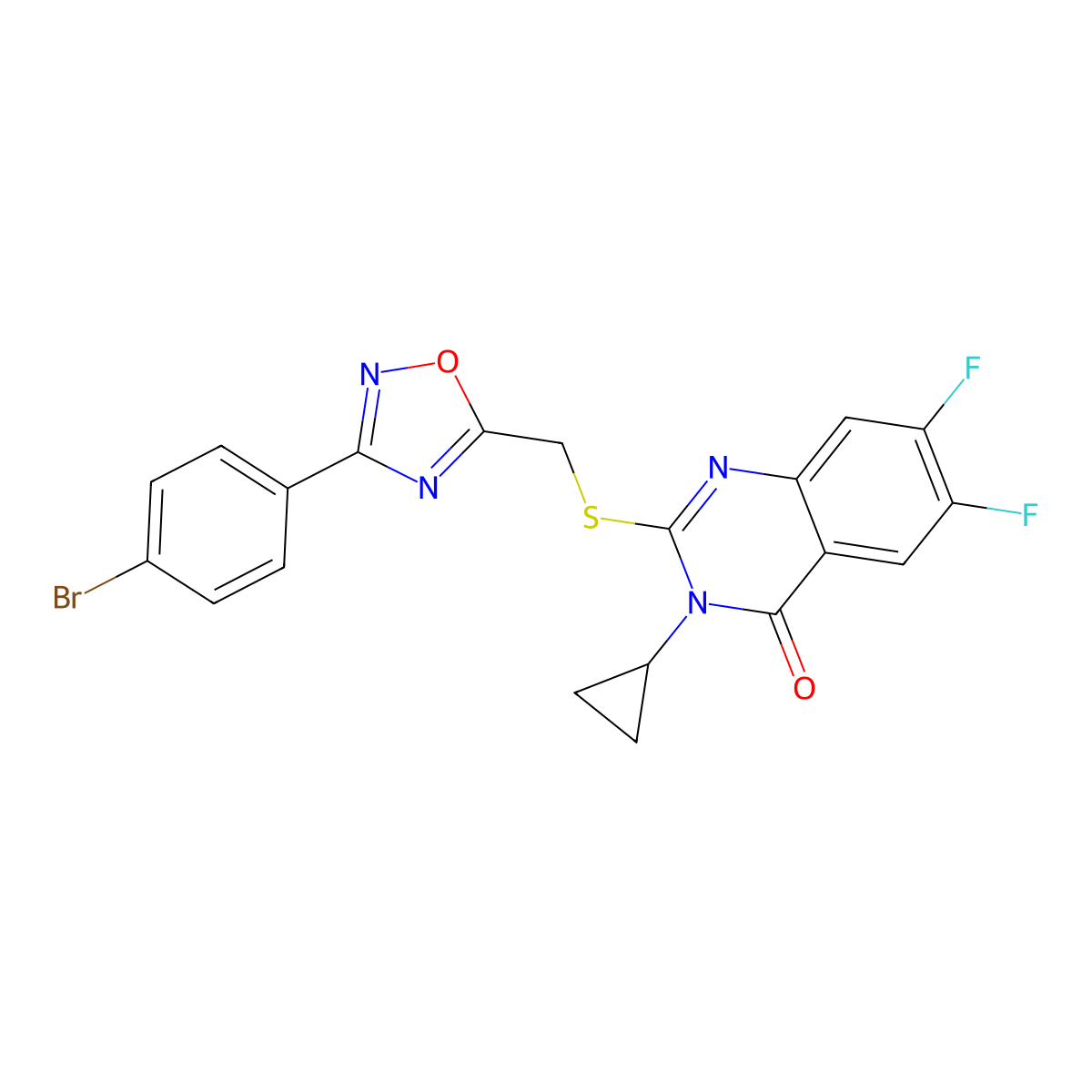 2-({[3-(4-Bromophenyl)-1,2,4-oxadiazol-5-yl]methyl}sulfanyl)-3-cyclopropyl-6,7-difluoro-3,4-dihydroquinazolin-4-one molecular structure, CAS 2742056-67-1
