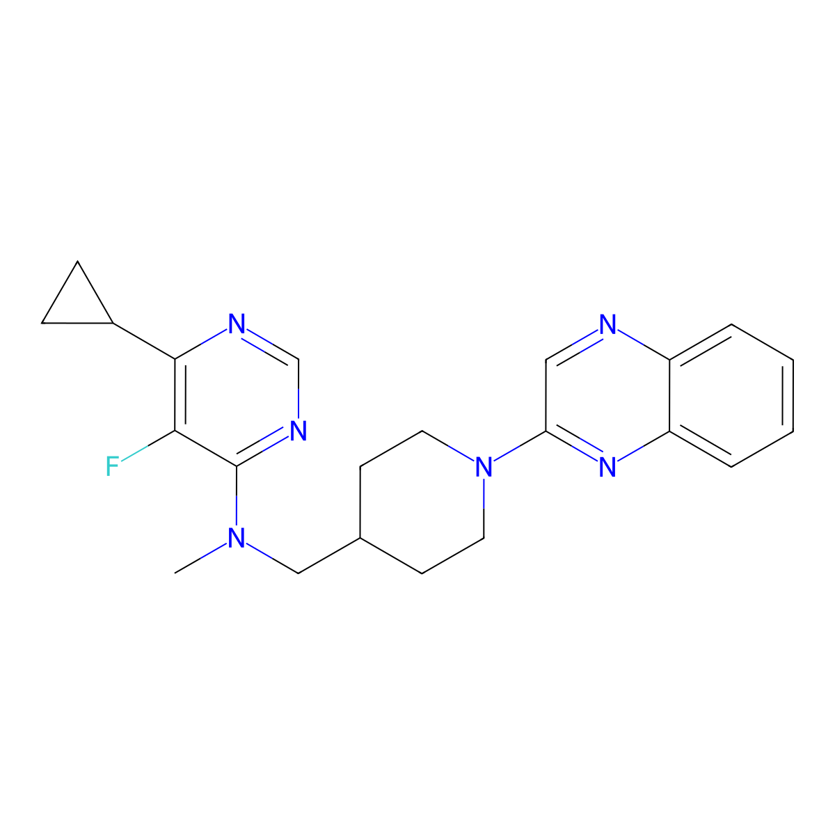6-cyclopropyl-5-fluoro-N-methyl-N-{[1-(quinoxalin-2-yl)piperidin-4-yl]methyl}pyrimidin-4-amine molecular structure, CAS 2742056-72-8