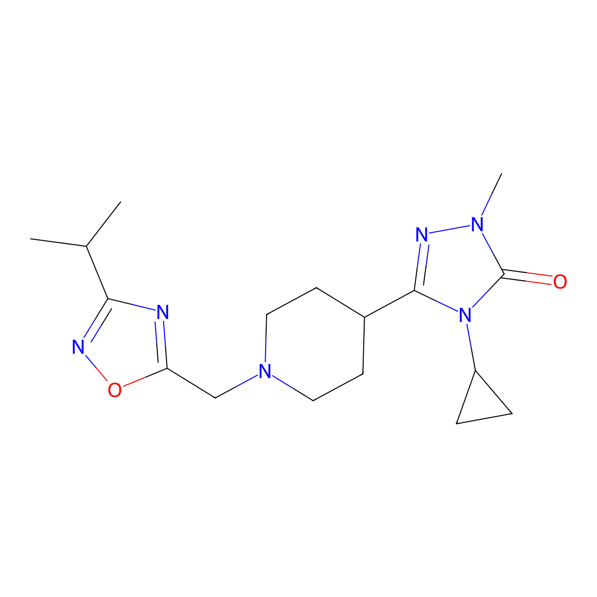 4-cyclopropyl-1-methyl-3-(1-{[3-(propan-2-yl)-1,2,4-oxadiazol-5-yl]methyl}piperidin-4-yl)-4,5-dihydro-1H-1,2,4-triazol-5-one molecular structure, CAS 2742056-74-0