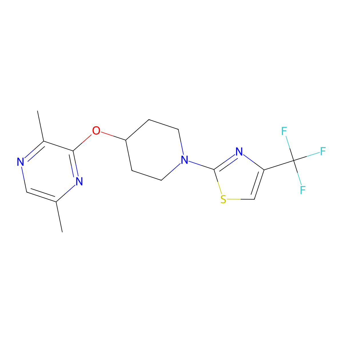 2,5-Dimethyl-3-({1-[4-(trifluoromethyl)-1,3-thiazol-2-yl]piperidin-4-yl}oxy)pyrazine molecular structure, CAS 2742056-78-4