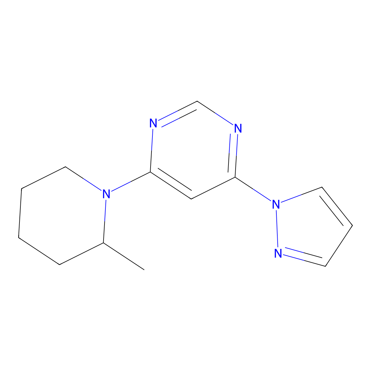 4-(2-methylpiperidin-1-yl)-6-(1H-pyrazol-1-yl)pyrimidine molecular structure, CAS 2742056-81-9