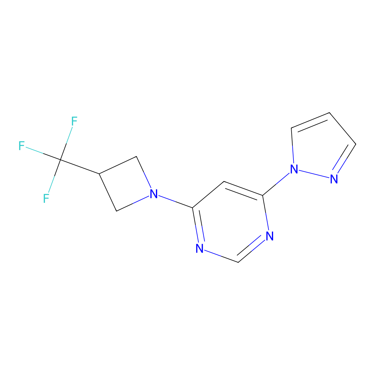 4-(1H-pyrazol-1-yl)-6-[3-(trifluoromethyl)azetidin-1-yl]pyrimidine molecular structure, CAS 2742056-89-7