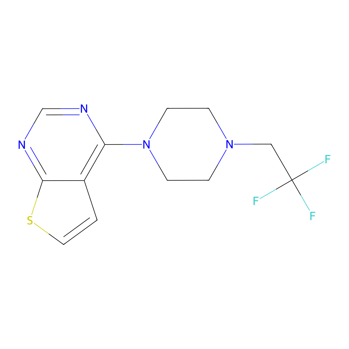 1-{Thieno[2,3-d]pyrimidin-4-yl}-4-(2,2,2-trifluoroethyl)piperazine molecular structure, CAS 2742056-96-6