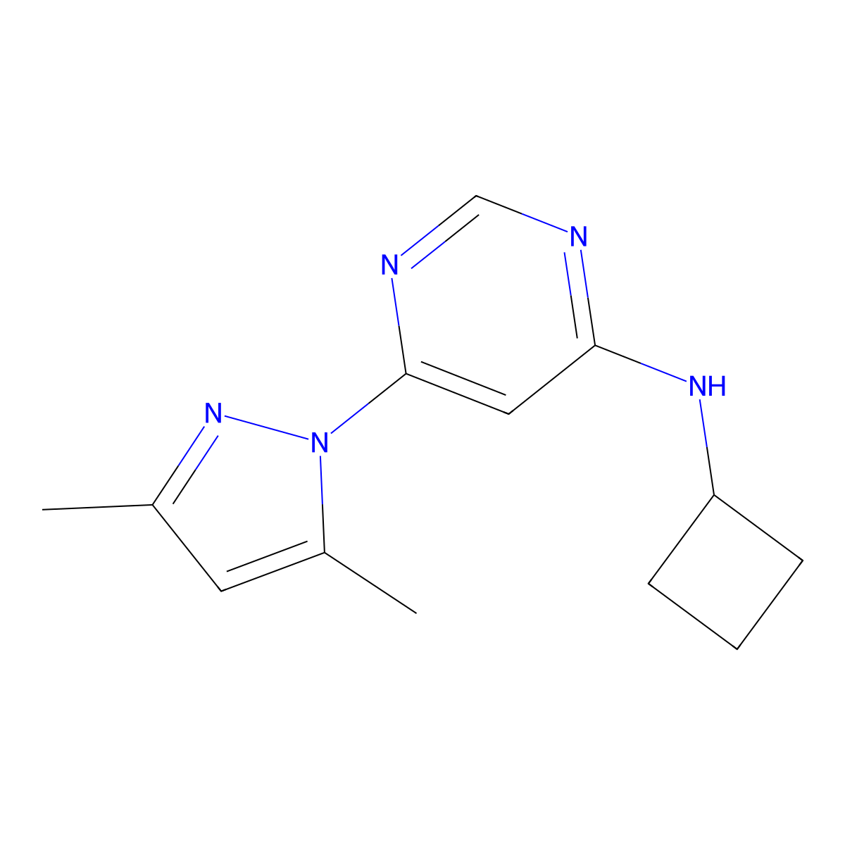 N-cyclobutyl-6-(3,5-dimethyl-1H-pyrazol-1-yl)pyrimidin-4-amine molecular structure, CAS 2742057-00-5