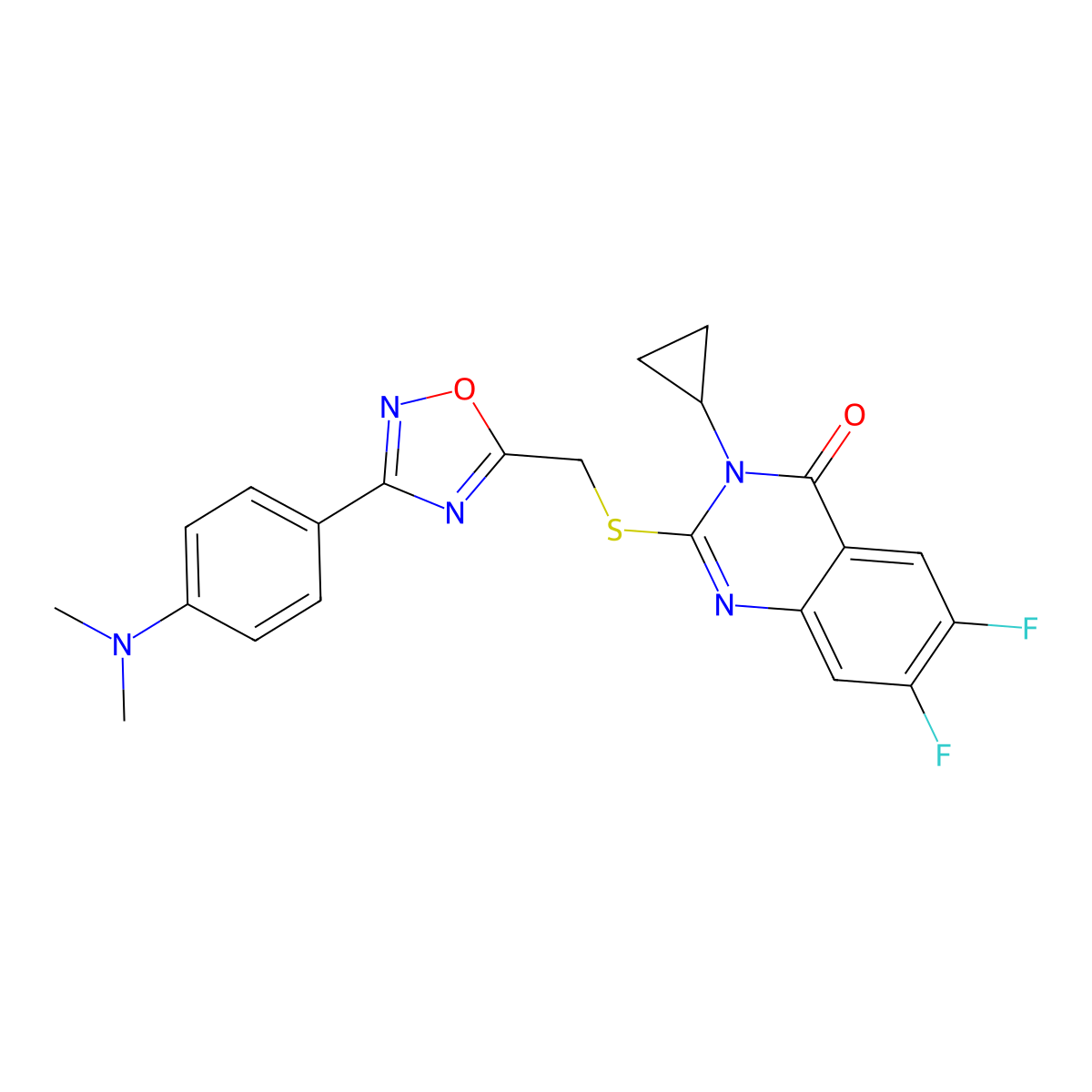 3-Cyclopropyl-2-[({3-[4-(dimethylamino)phenyl]-1,2,4-oxadiazol-5-yl}methyl)sulfanyl]-6,7-difluoro-3,4-dihydroquinazolin-4-one molecular structure, CAS 2742057-05-0