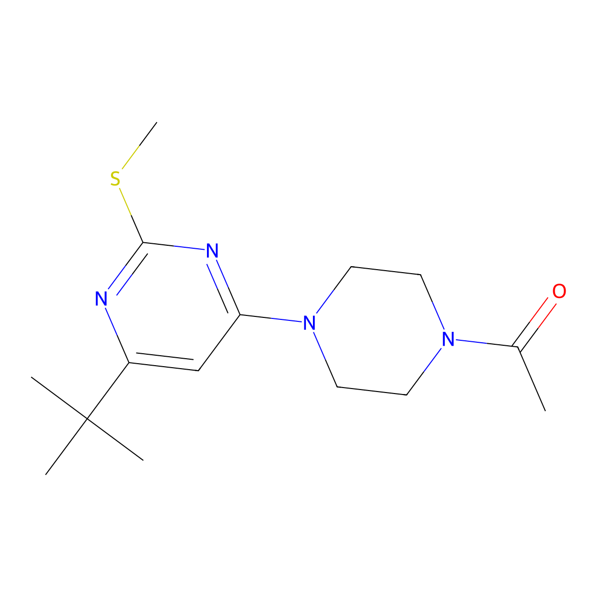 1-{4-[6-Tert-butyl-2-(methylsulfanyl)pyrimidin-4-yl]piperazin-1-yl}ethan-1-one molecular structure, CAS 2742057-17-4