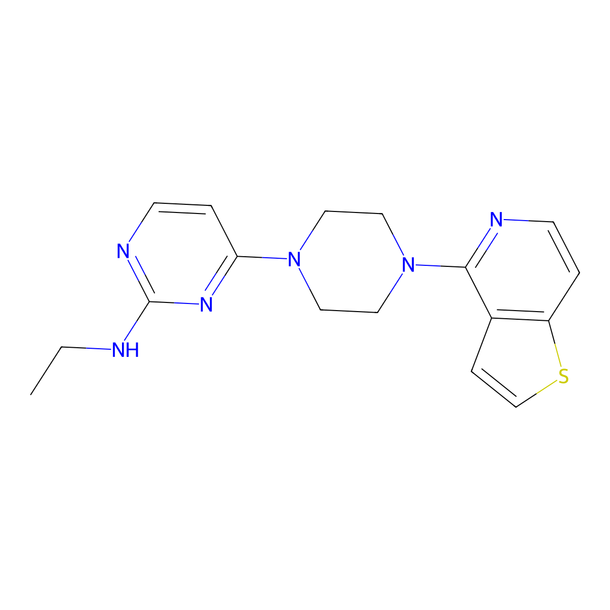 N-ethyl-4-(4-{thieno[3,2-c]pyridin-4-yl}piperazin-1-yl)pyrimidin-2-amine molecular structure, CAS 2742057-19-6