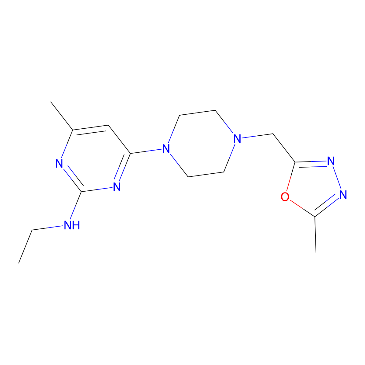 N-ethyl-4-methyl-6-{4-[(5-methyl-1,3,4-oxadiazol-2-yl)methyl]piperazin-1-yl}pyrimidin-2-amine molecular structure, CAS 2742057-27-6