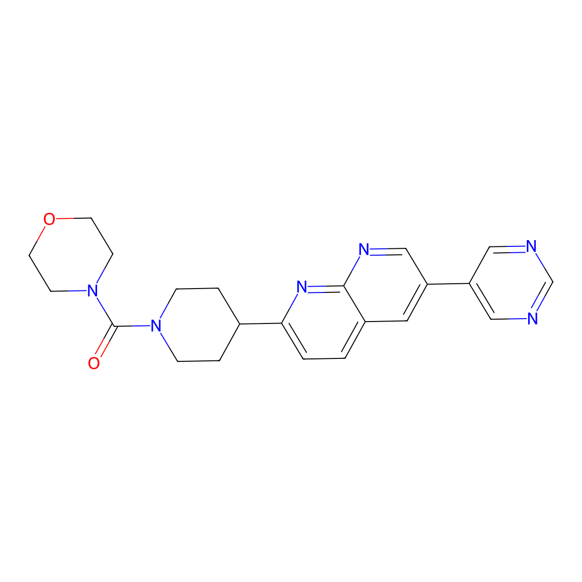 2-[1-(Morpholine-4-carbonyl)piperidin-4-yl]-6-(pyrimidin-5-yl)-1,8-naphthyridine molecular structure, CAS 2742057-28-7