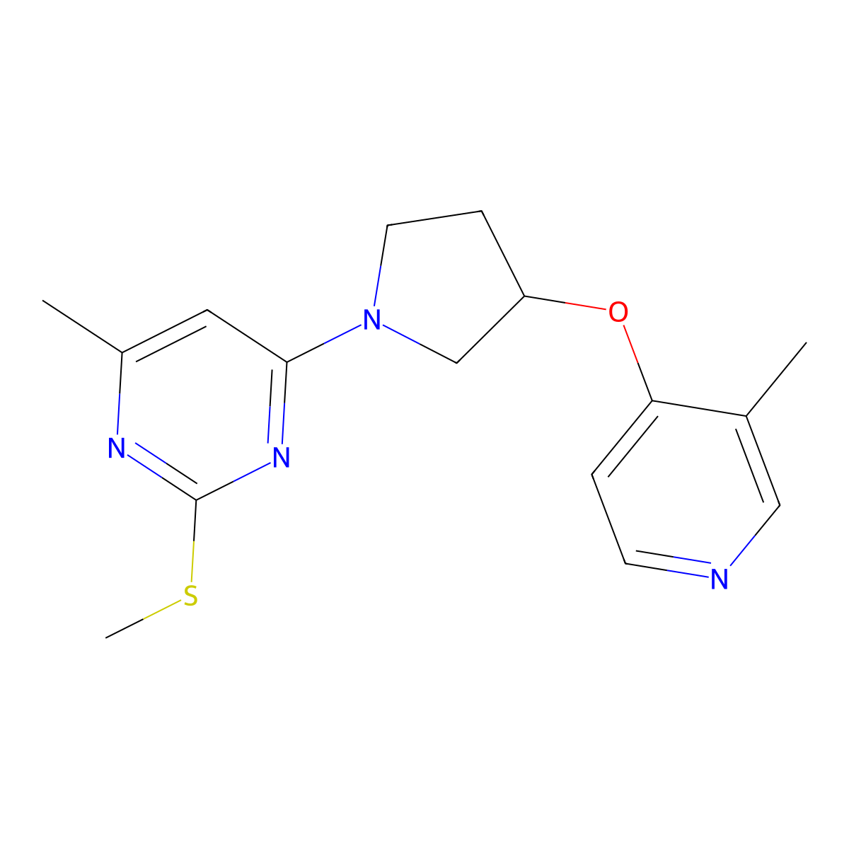 4-Methyl-6-{3-[(3-methylpyridin-4-yl)oxy]pyrrolidin-1-yl}-2-(methylsulfanyl)pyrimidine molecular structure, CAS 2742057-37-8